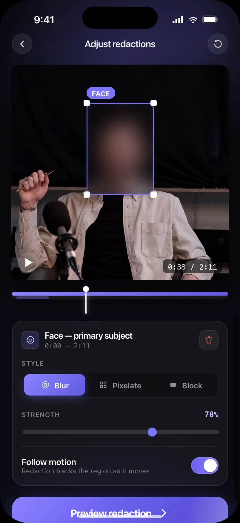 Redactly's editor: a selected face region on the video canvas with drag handles, and a tray offering Blur, Pixelate and Block styles, a strength slider set to 70 percent, and a Follow motion toggle.