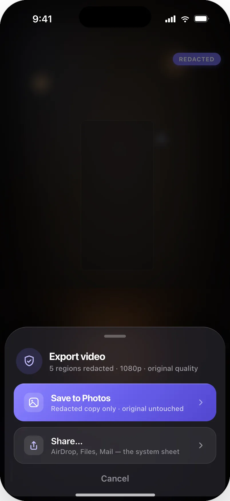 Redactly's export sheet: Save to Photos, which writes a redacted copy and leaves the original untouched, or Share to the system share sheet.