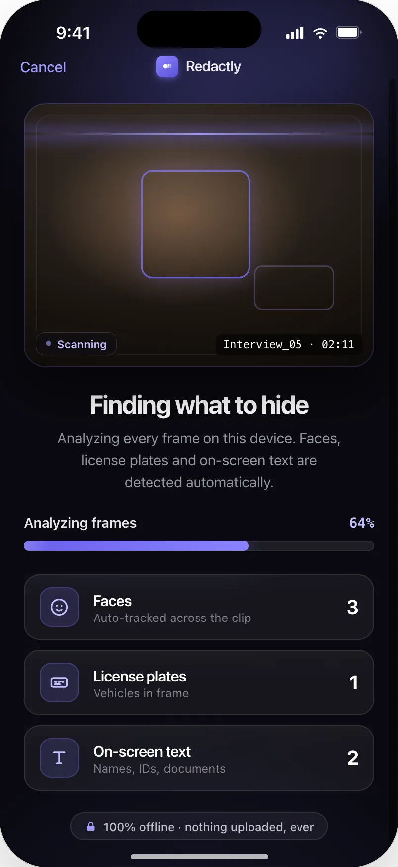 Redactly scanning a video on-device: a staged checklist reading Import complete, Decoding video, Detecting faces and Detecting text, with running tallies of faces, text regions and plates.